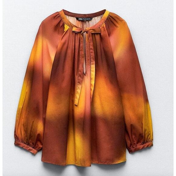 Zara Oversized Blouse Boho Resortwear Colorful Ombre Cotton Long Sleeve M NWT - Picture 2 of 13